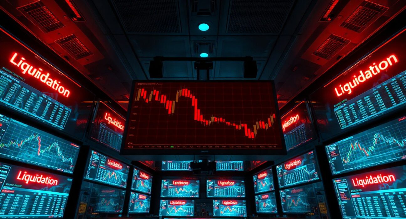 Trading floor monitors showing red candlestick charts and liquidation data during a crypto market sell-off.