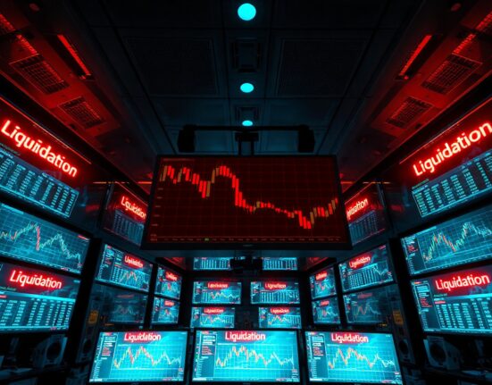 Trading floor monitors showing red candlestick charts and liquidation data during a crypto market sell-off.