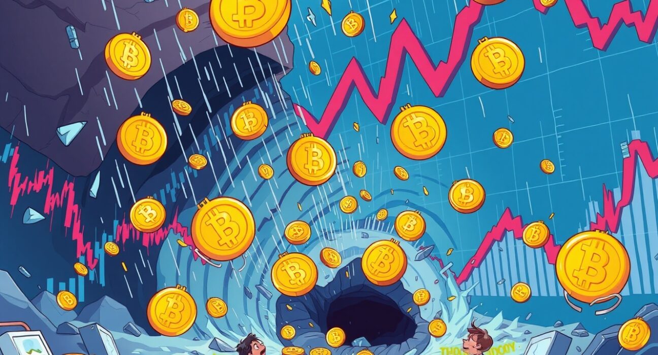 Cartoon illustration showing the impact of massive crypto futures liquidation on traders and the volatile market.