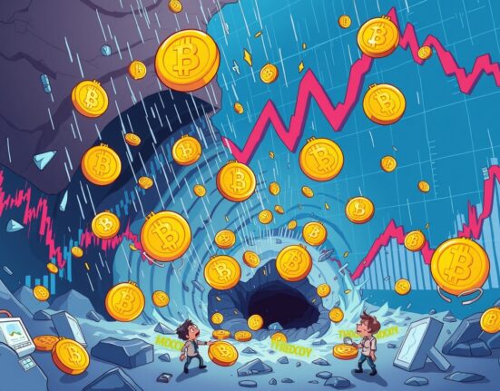 Cartoon illustration showing the impact of massive crypto futures liquidation on traders and the volatile market.