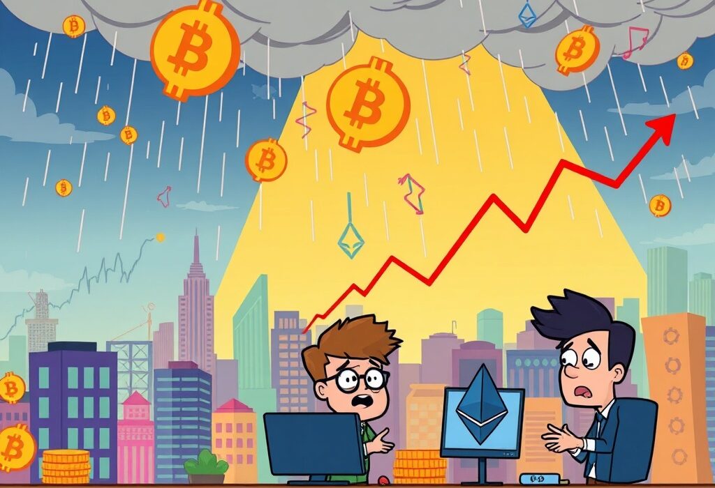A dynamic cartoon illustration depicting significant crypto perpetual futures liquidation, highlighting market volatility and trading insights.