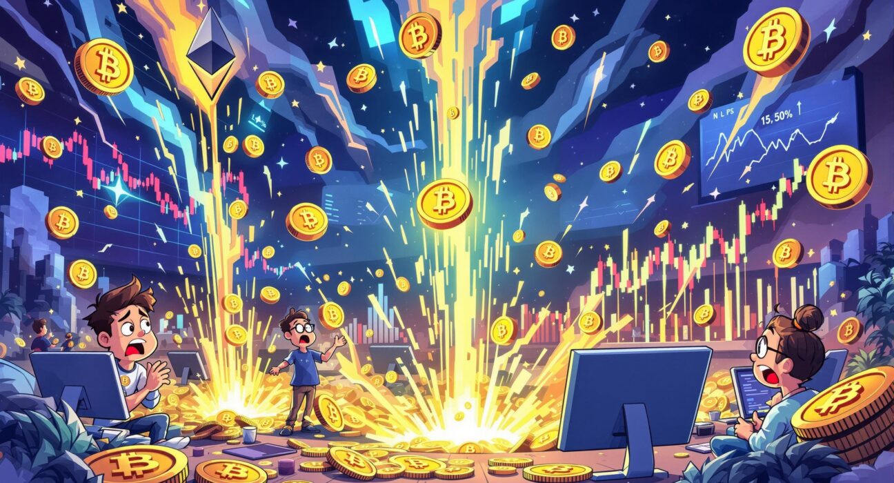 A cartoon illustration showing the dramatic impact of crypto perpetual futures liquidation on digital assets like Bitcoin and Ethereum.