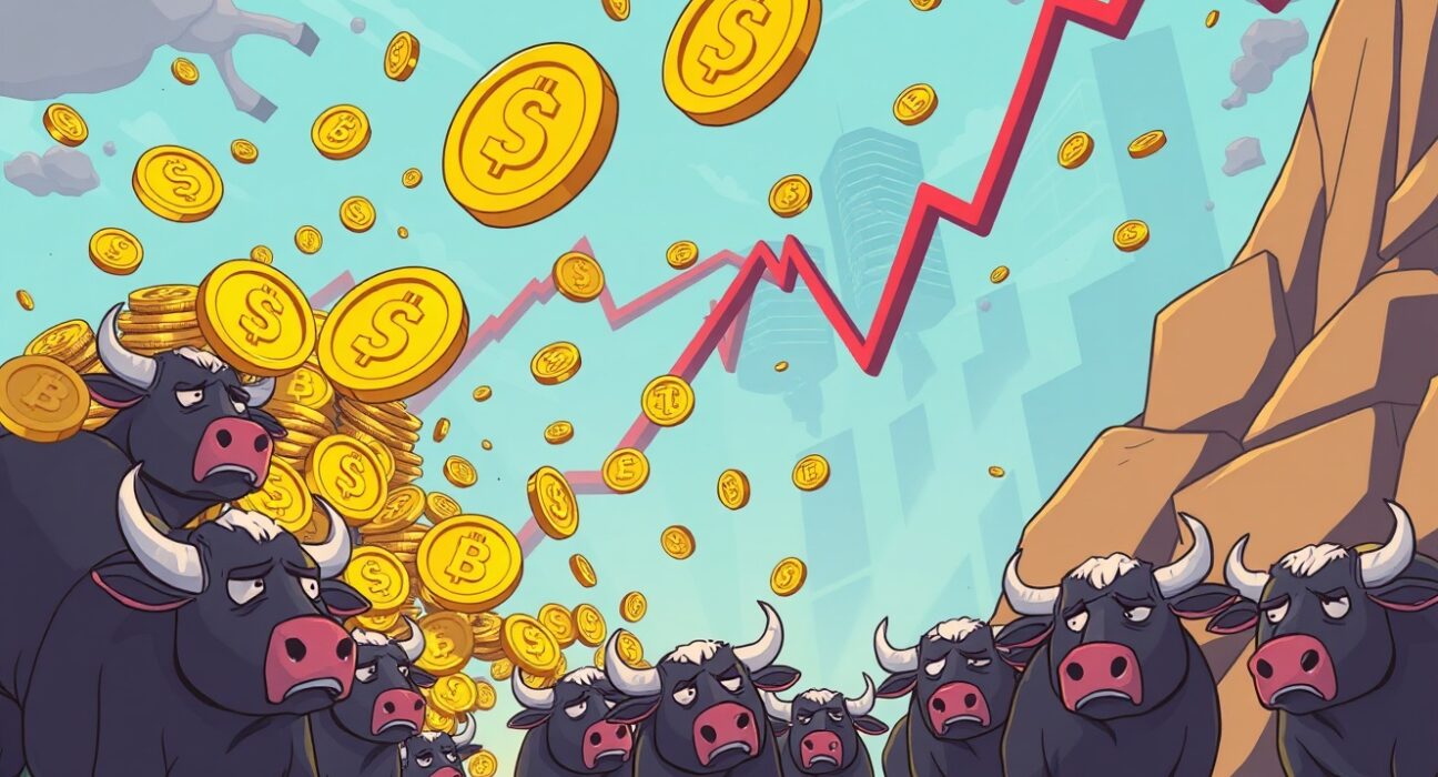 Dramatic crypto futures liquidation scene showing cryptocurrency coins tumbling down as bulls watch helplessly