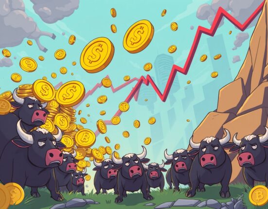 A dramatic cartoon showing the rapid impact of a massive crypto futures liquidation on market stability.