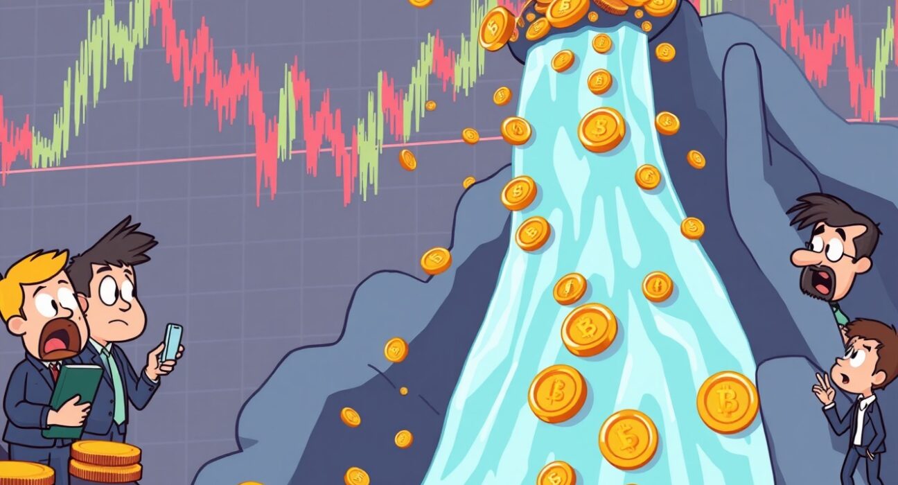Dramatic crypto futures liquidation scene showing digital coins falling like waterfall with shocked traders