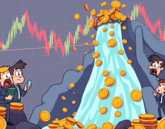 Dramatic crypto futures liquidation scene showing digital coins falling like waterfall with shocked traders