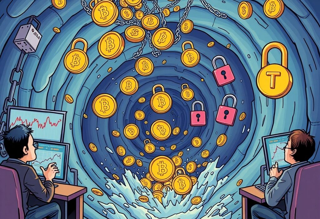 A cartoon image illustrating the impact of significant crypto perpetual futures liquidation, showing digital assets falling amidst market volatility.