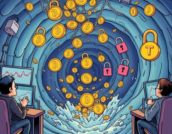 A cartoon image illustrating the impact of significant crypto perpetual futures liquidation, showing digital assets falling amidst market volatility.