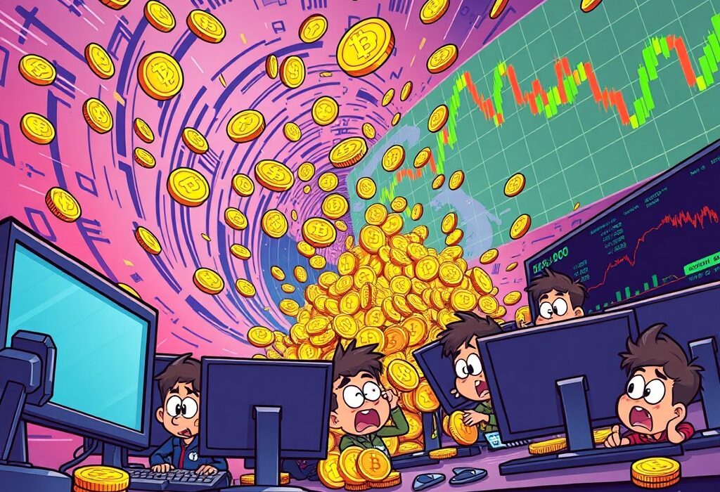 A cartoon illustration showing the dramatic impact of a sudden crypto futures liquidation event on traders and the market.