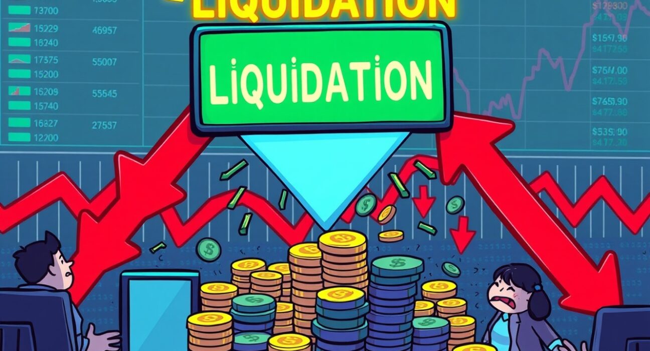 Cartoon illustration depicting a crypto futures liquidation event with charts falling and traders reacting to significant losses.
