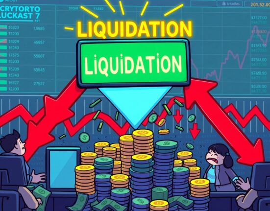 Cartoon illustration depicting a crypto futures liquidation event with charts falling and traders reacting to significant losses.