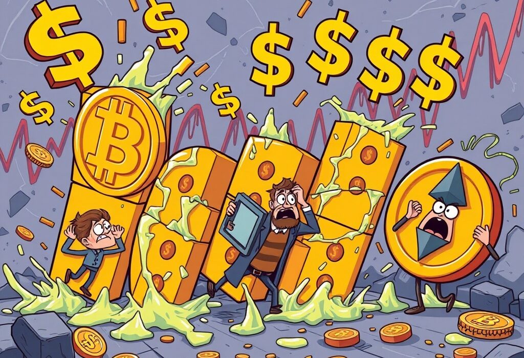 Cartoon illustration showing the sudden impact of a massive crypto futures liquidation on traders and the market.