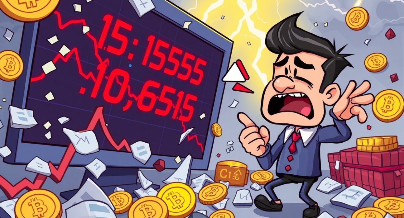 A cartoon illustration showing a chaotic crypto market with digital coins falling, representing massive crypto futures liquidation and market volatility.