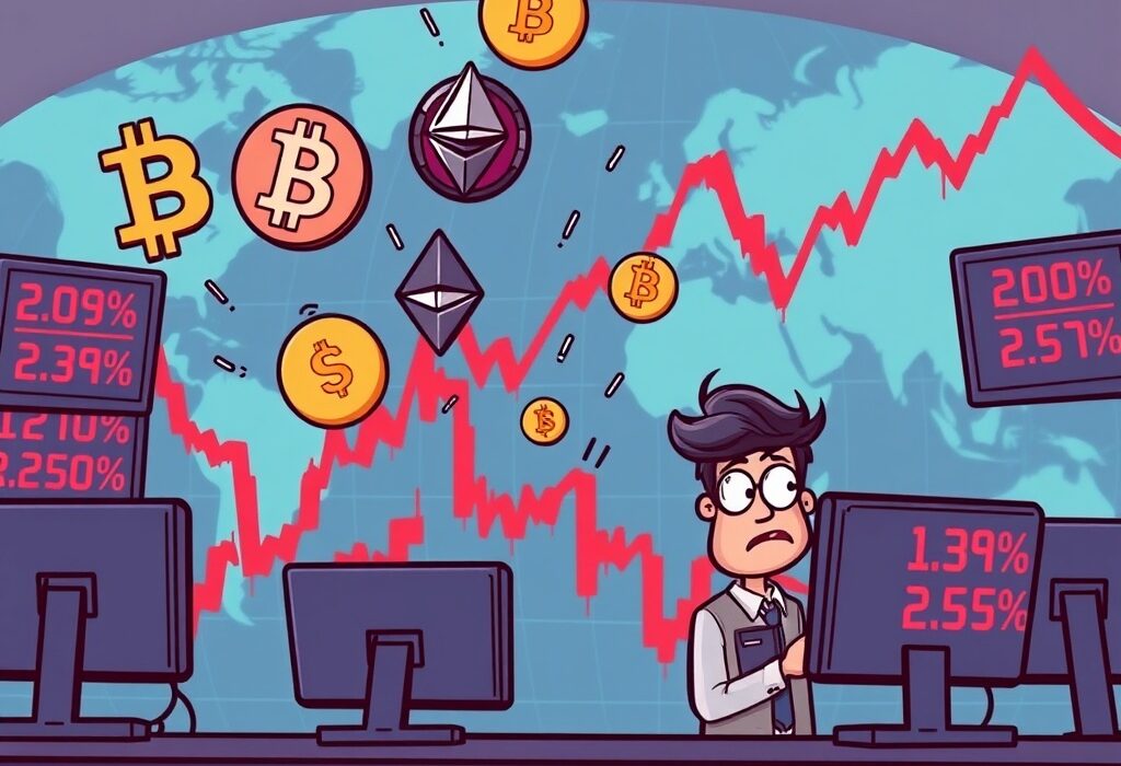 A cartoon illustration showing digital assets like Bitcoin and Ethereum symbols falling on a chart, symbolizing crypto perpetual futures liquidation and market volatility.