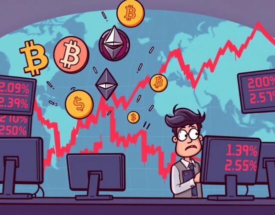 A cartoon illustration showing digital assets like Bitcoin and Ethereum symbols falling on a chart, symbolizing crypto perpetual futures liquidation and market volatility.