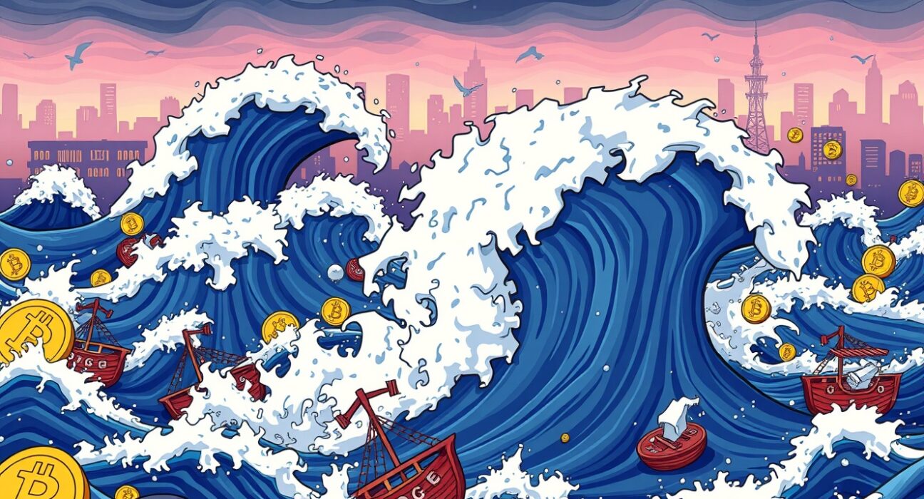 A cartoon illustration showing digital asset waves crashing, with an Ethereum wave leading the massive crypto futures liquidation event.