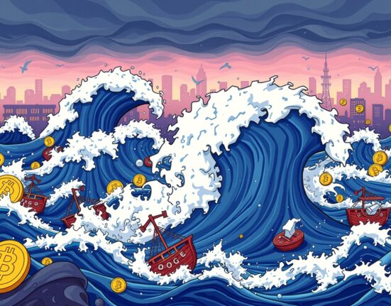 A cartoon illustration showing digital asset waves crashing, with an Ethereum wave leading the massive crypto futures liquidation event.