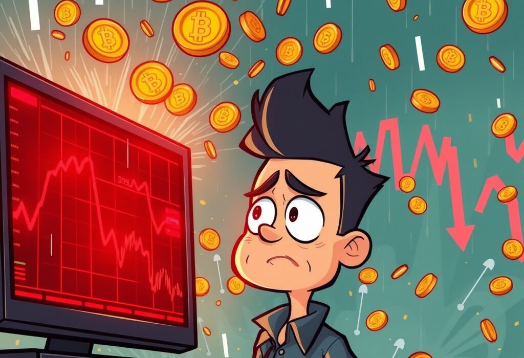 Cartoon showing a dramatic crypto futures liquidation event with falling coins and a stressed trader, conveying market volatility.