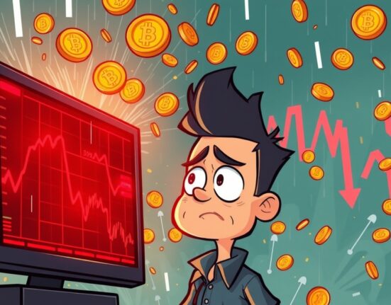 Cartoon showing a dramatic crypto futures liquidation event with falling coins and a stressed trader, conveying market volatility.