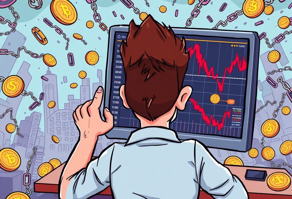 A cartoon illustration symbolizing the dramatic impact of crypto futures liquidation on the market, showing falling assets and stressed traders.