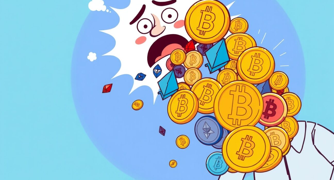 A cartoon showing digital charts plummeting and crypto coins falling, symbolizing a major crypto futures liquidation event.