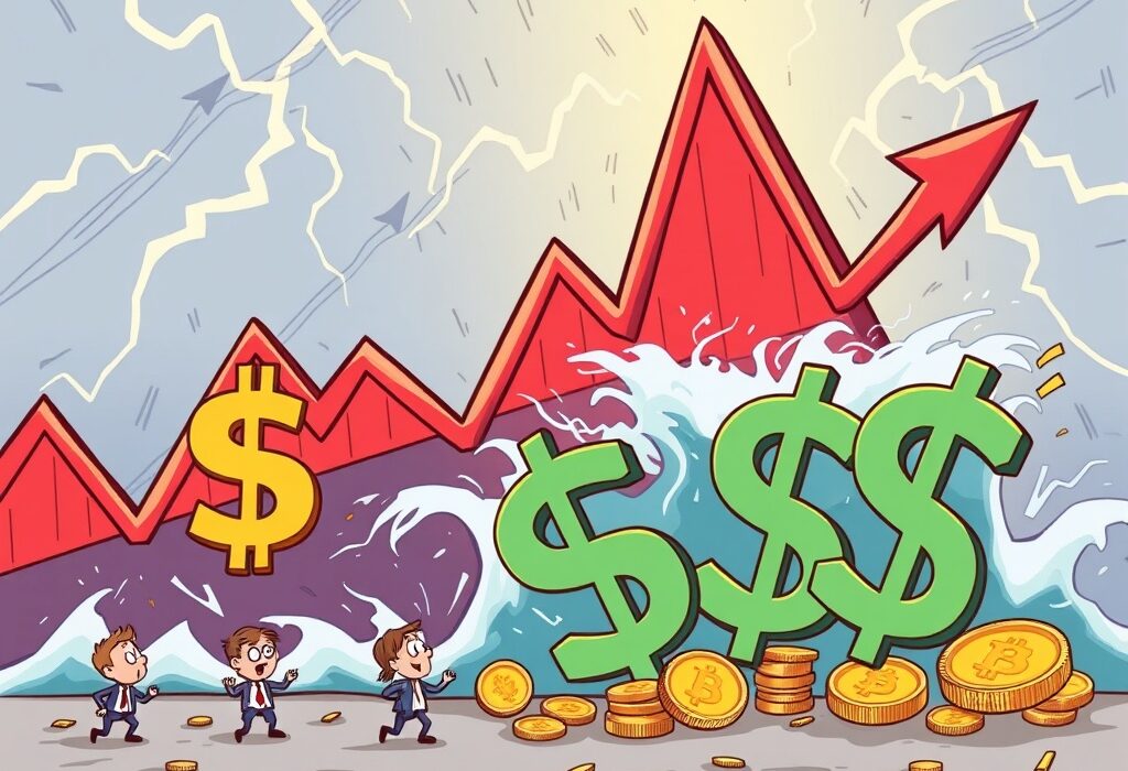 A cartoon illustration showing the dramatic impact of a significant Crypto Futures Liquidation event on the digital market, with figures reacting to price drops.