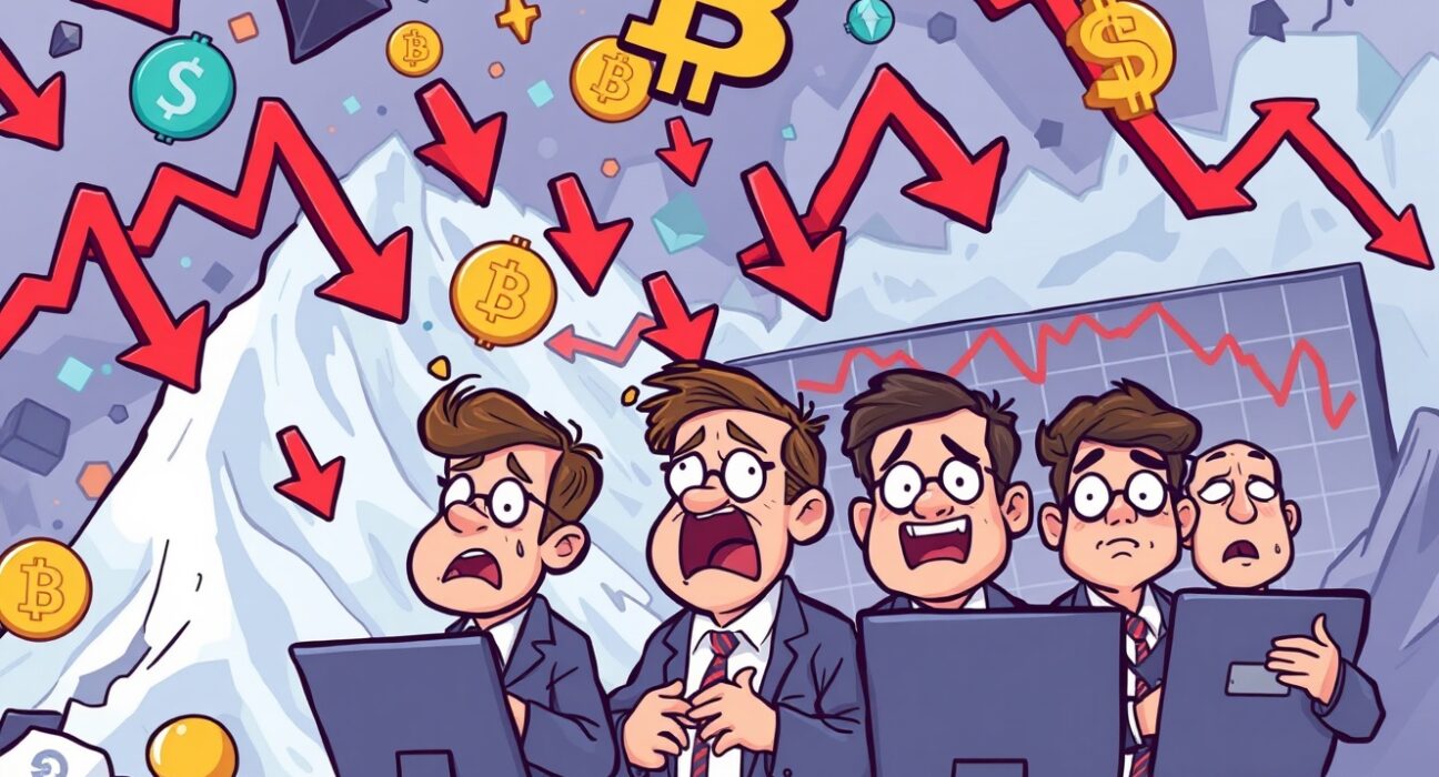 A dramatic cartoon illustration showing the significant impact of a crypto futures liquidation event on traders and market stability.