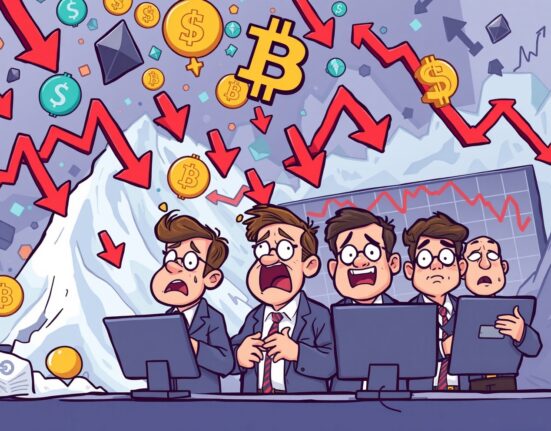 A dramatic cartoon illustration showing the significant impact of a crypto futures liquidation event on traders and market stability.