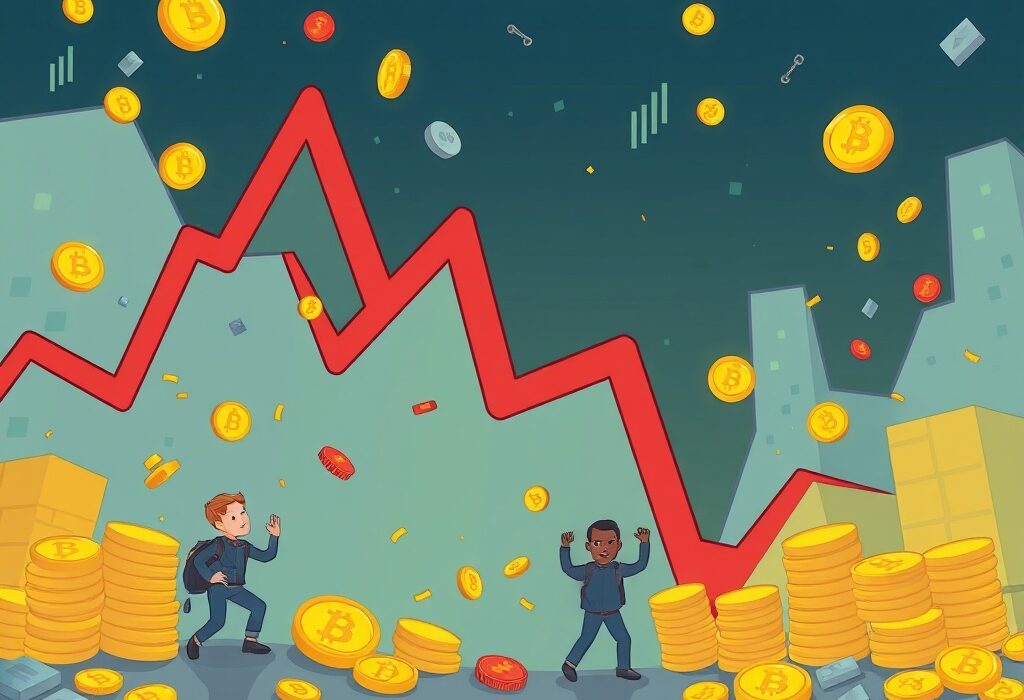 A cartoon illustration showing the dramatic impact of crypto futures liquidation on the market, with digital assets falling rapidly.