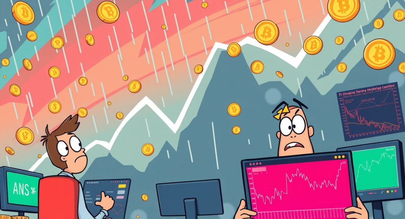 Cartoon illustration showing the immediate impact of a massive crypto futures liquidation event on traders and the market.