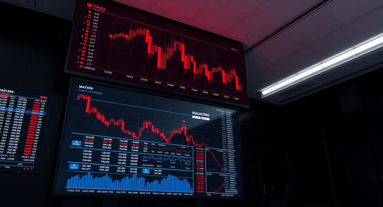 Trading screen showing red candlestick charts and declining market data in a dark room