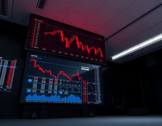 Trading screen showing red candlestick charts and declining market data in a dark room