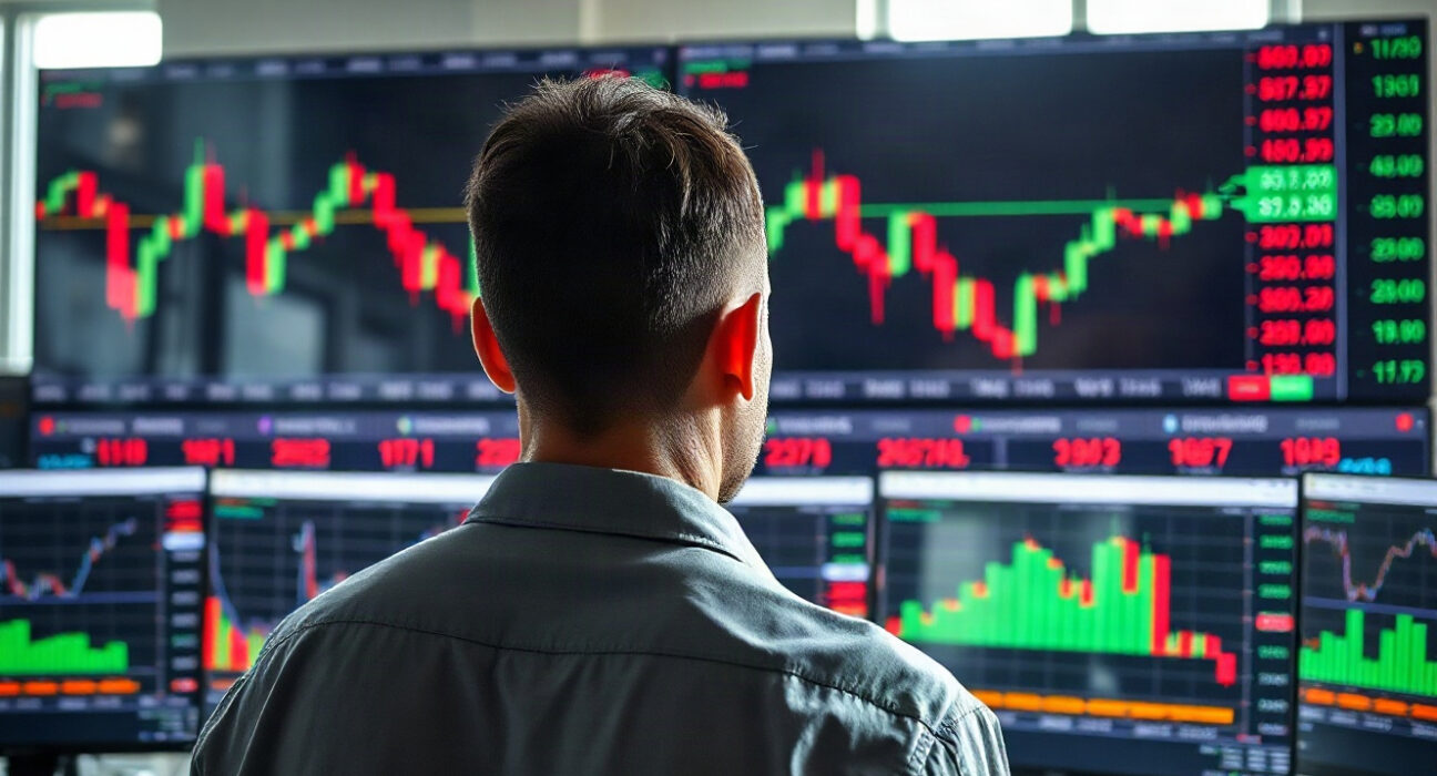 Trader monitoring crypto futures liquidation charts on multiple screens