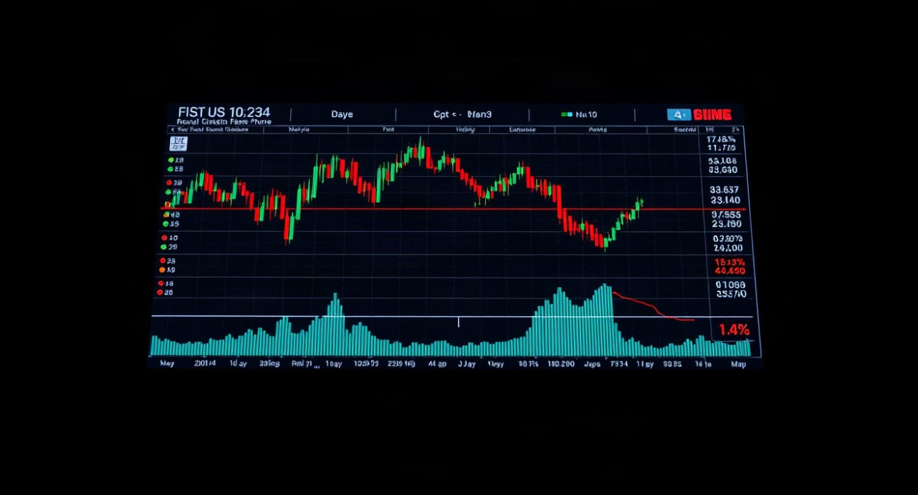 Crypto trading screen showing red liquidation indicators and candlestick charts