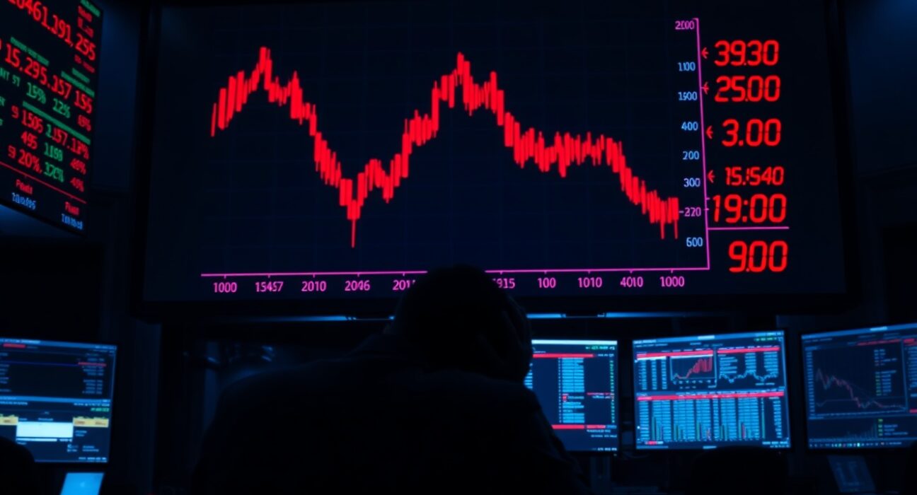 Red declining candlestick chart on a trading screen showing significant crypto market losses
