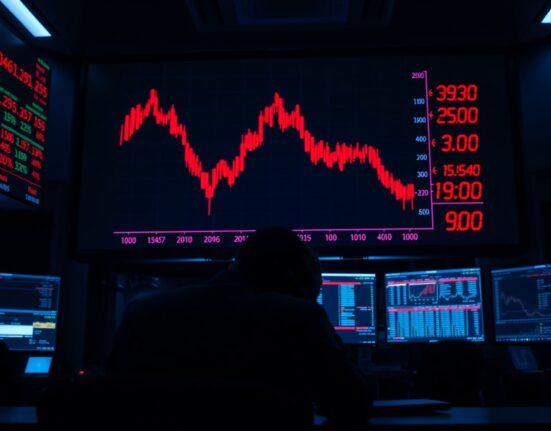 Red declining candlestick chart on a trading screen showing significant crypto market losses