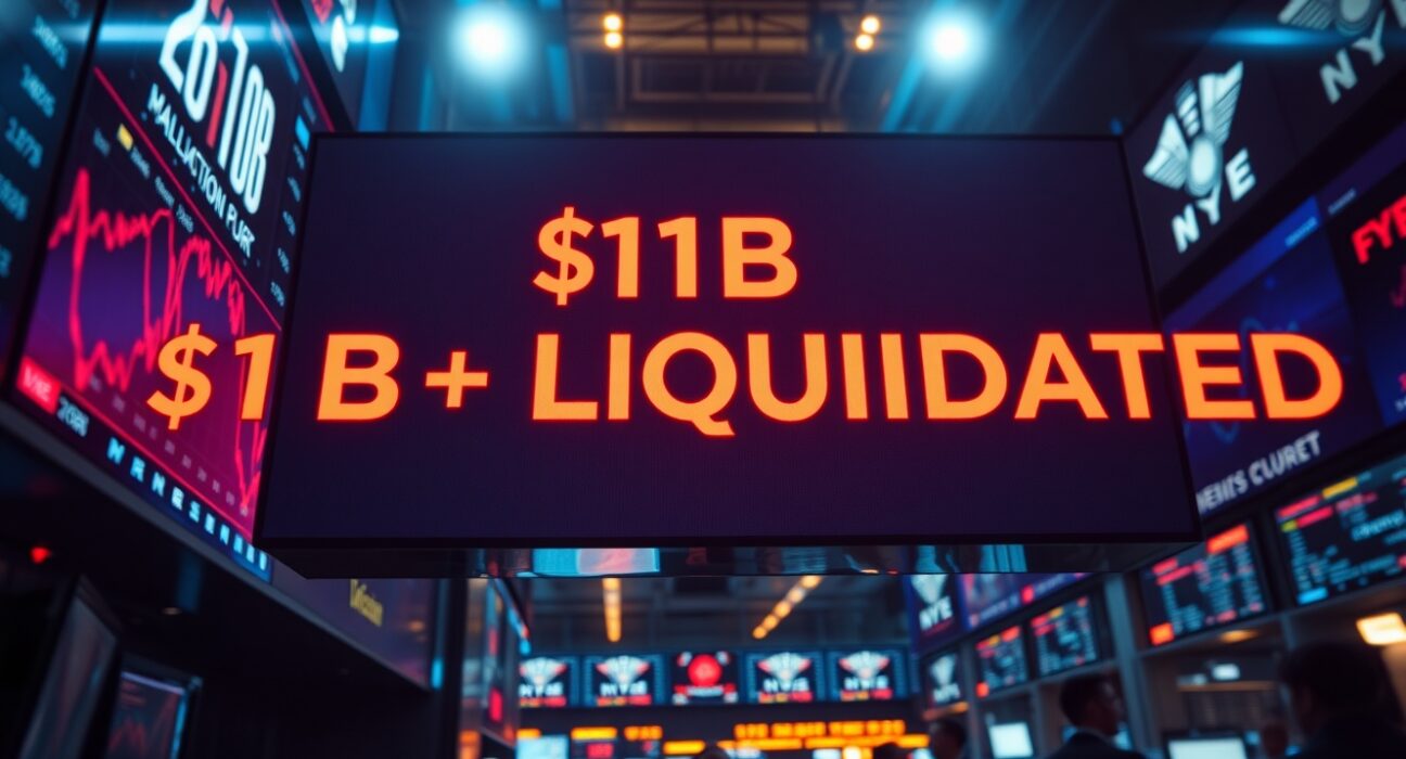 Trading floor with digital display showing $1 billion in crypto futures liquidations