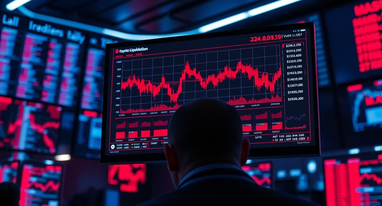 Trading desk monitor showing crypto futures liquidation data with red downward charts