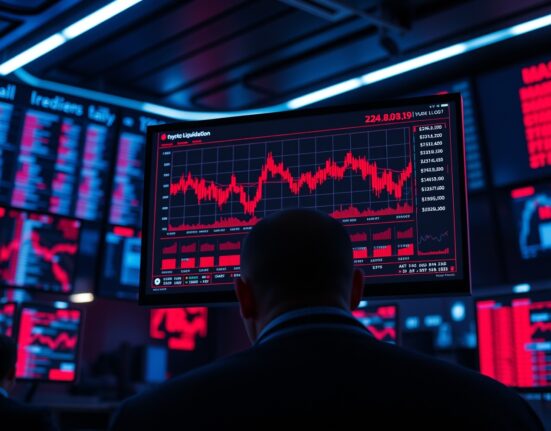 Trading desk monitor showing crypto futures liquidation data with red downward charts