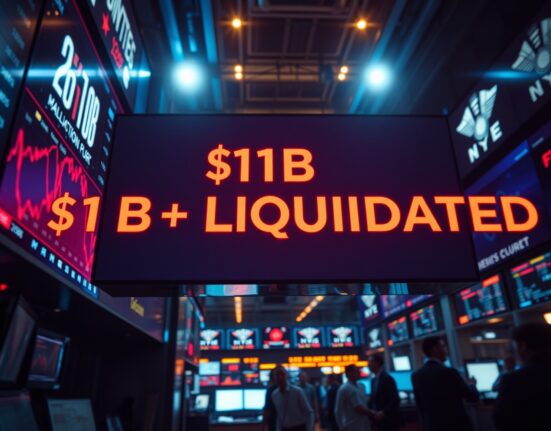 Trading floor with digital display showing $1 billion in crypto futures liquidations