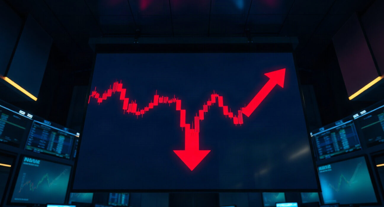 Trading screen showing red candlestick chart and downward arrow indicating crypto market liquidation event