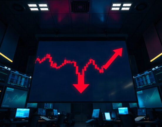 Trading screen showing red candlestick chart and downward arrow indicating crypto market liquidation event