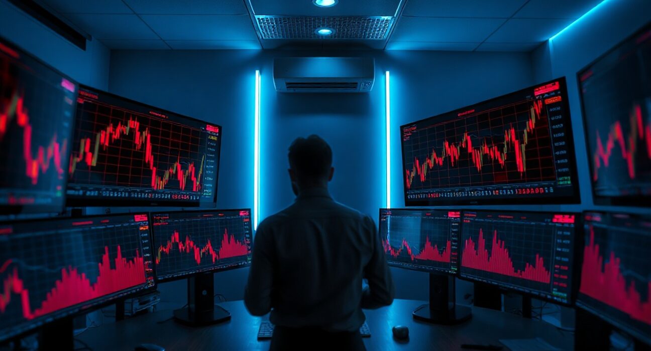 Trading desk with red candlestick charts showing crypto market liquidation event