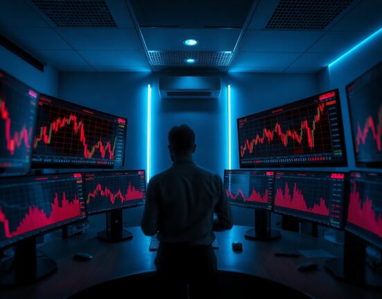Trading desk with red candlestick charts showing crypto market liquidation event