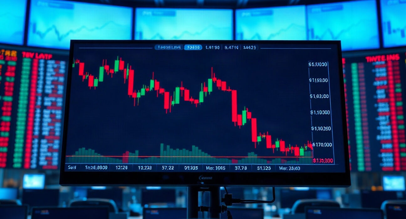 Trading screen showing red candlestick charts indicating market decline and liquidations