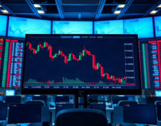 Trading screen showing red candlestick charts indicating market decline and liquidations