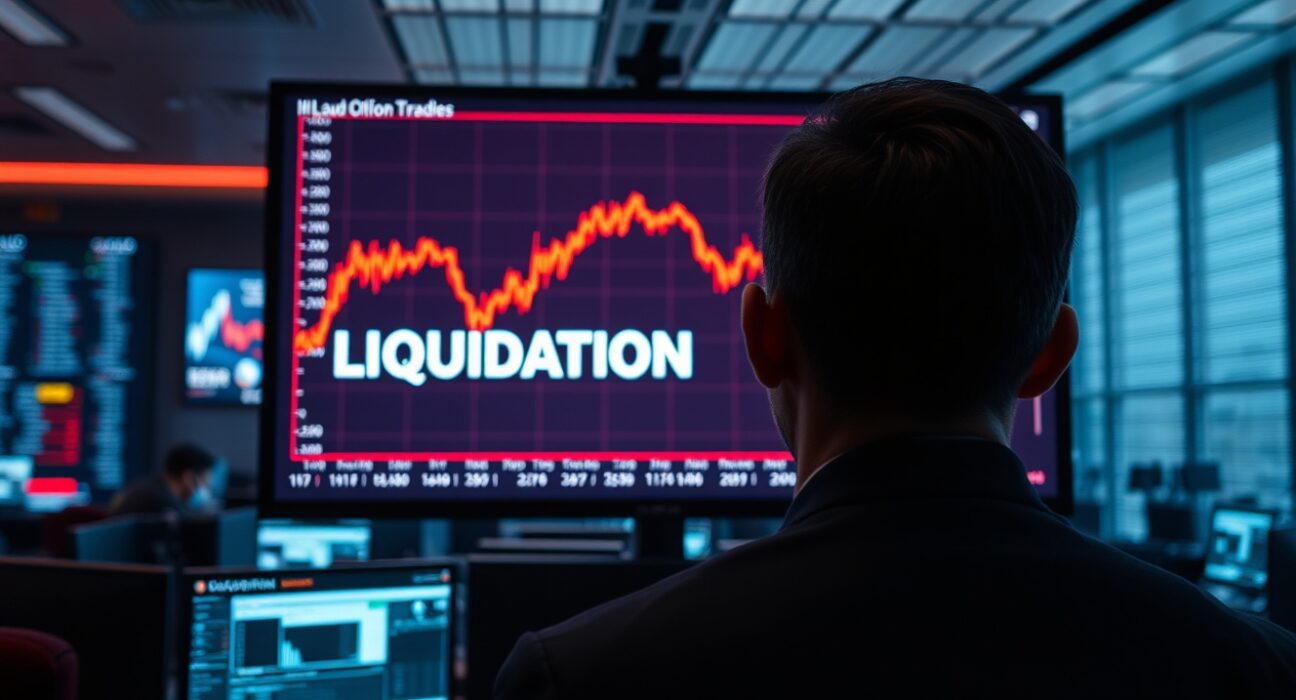 Trading screen showing a sharp decline in cryptocurrency futures prices, indicating market liquidation event.