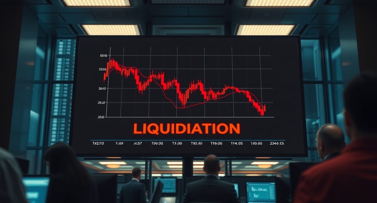 Trading screen showing crypto futures liquidation chart with red candles