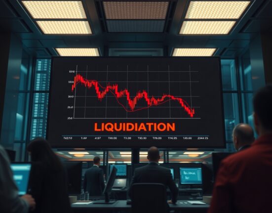 Trading screen showing crypto futures liquidation chart with red candles