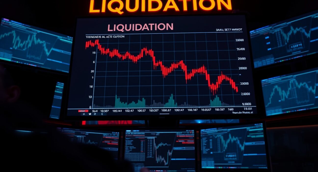 Crypto futures liquidation chart on multiple monitors in a dimly lit trading environment.